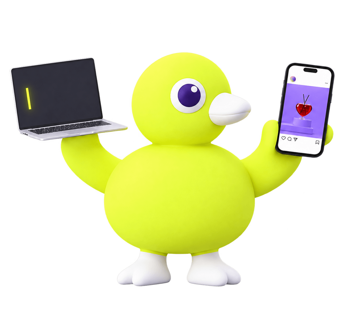 Produck’ın ördek maskotu, elinde dizüstü bilgisayar ve telefonla